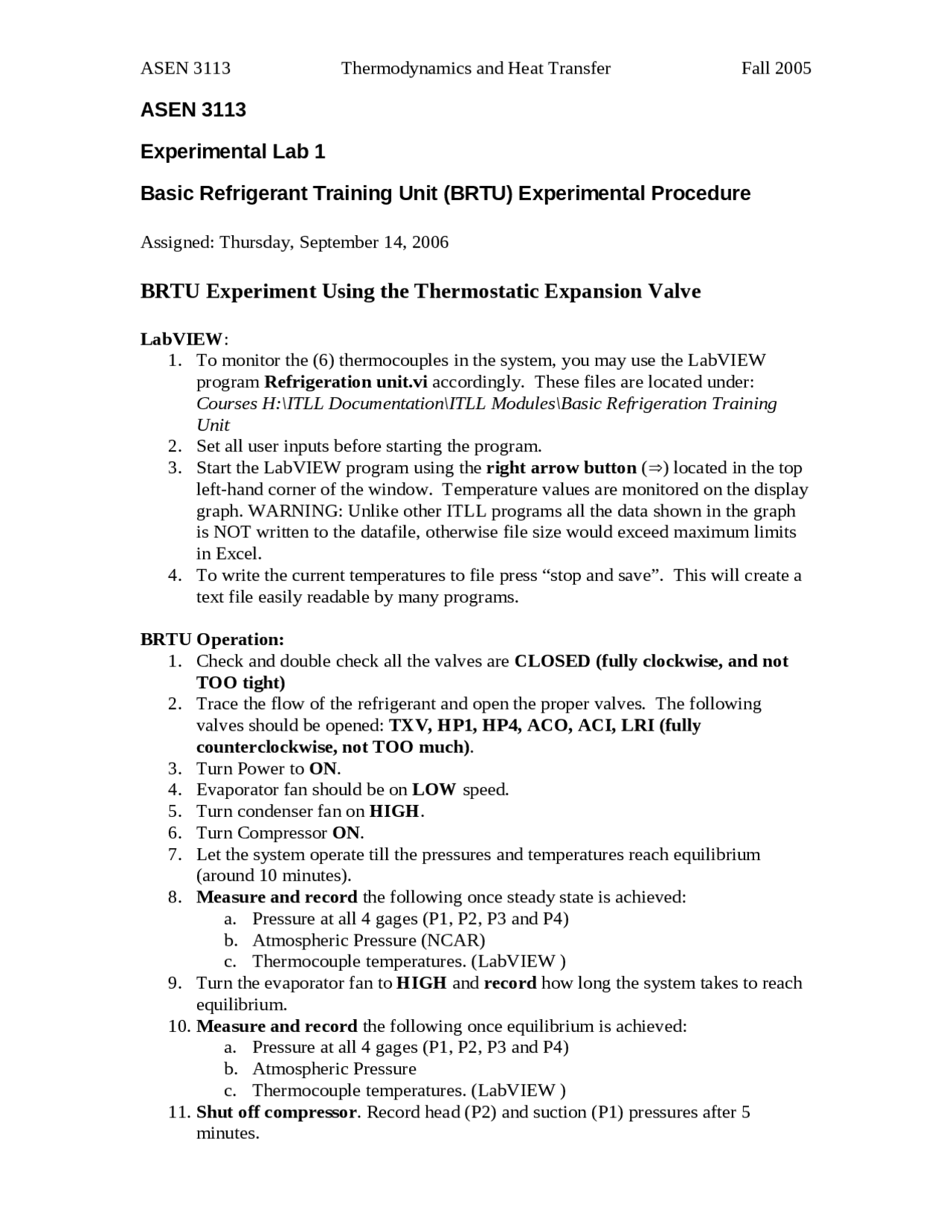 Basic Refrigeration Training Unit Experimental Procedure Lab 1 ASEN