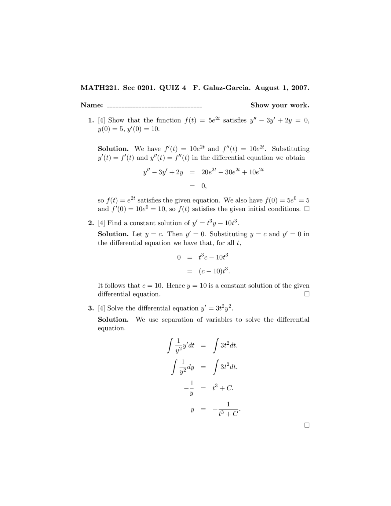 Quiz 4 with Solutions - Elementary Calculus II | MATH 221 - Docsity