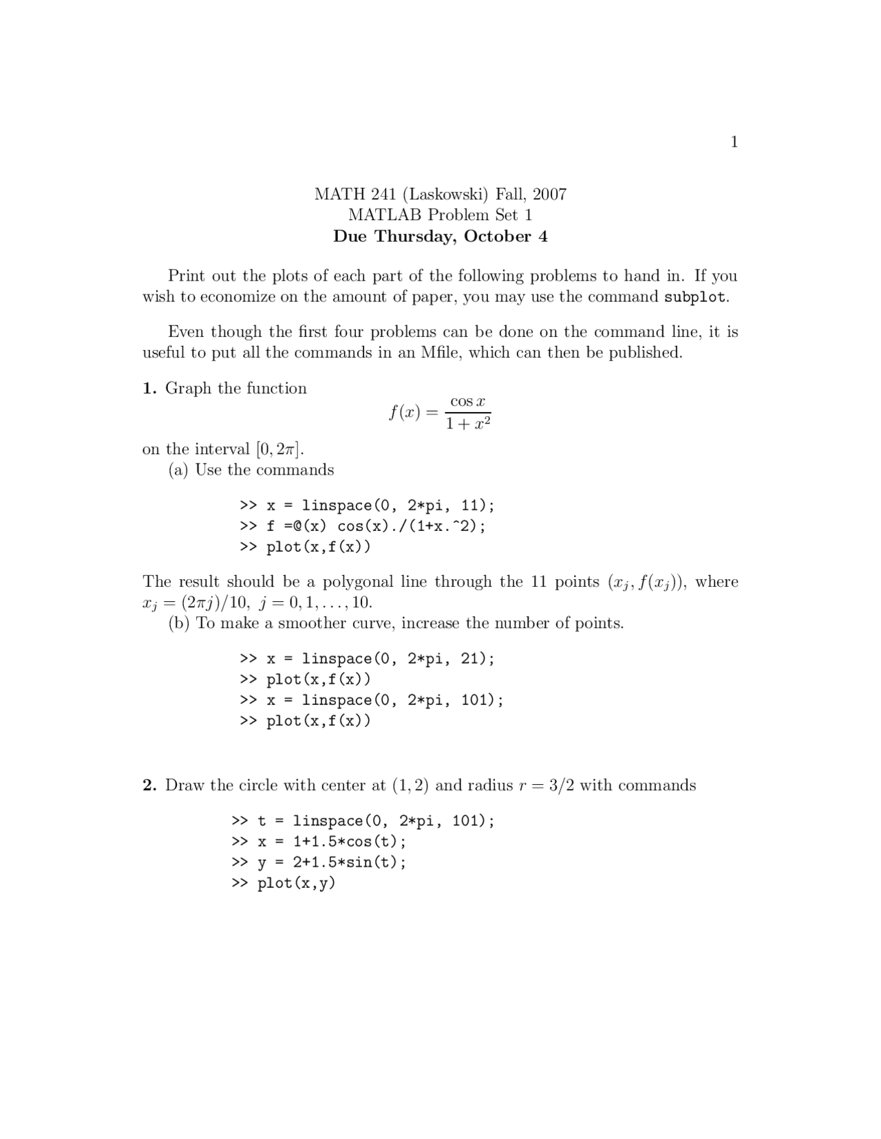 MATLAB Problem Set 1 Economize On the Amount Of Paper - Calculus III ...