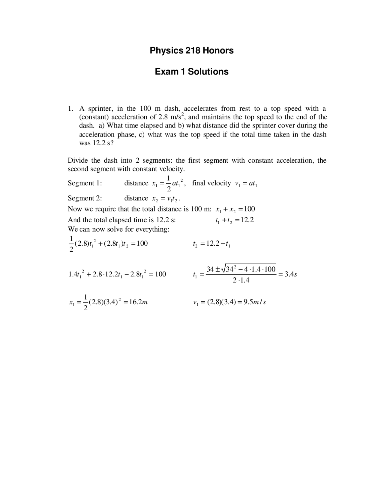 Exam 1 with Solutions for Mechanics | PHYS 218 - Docsity