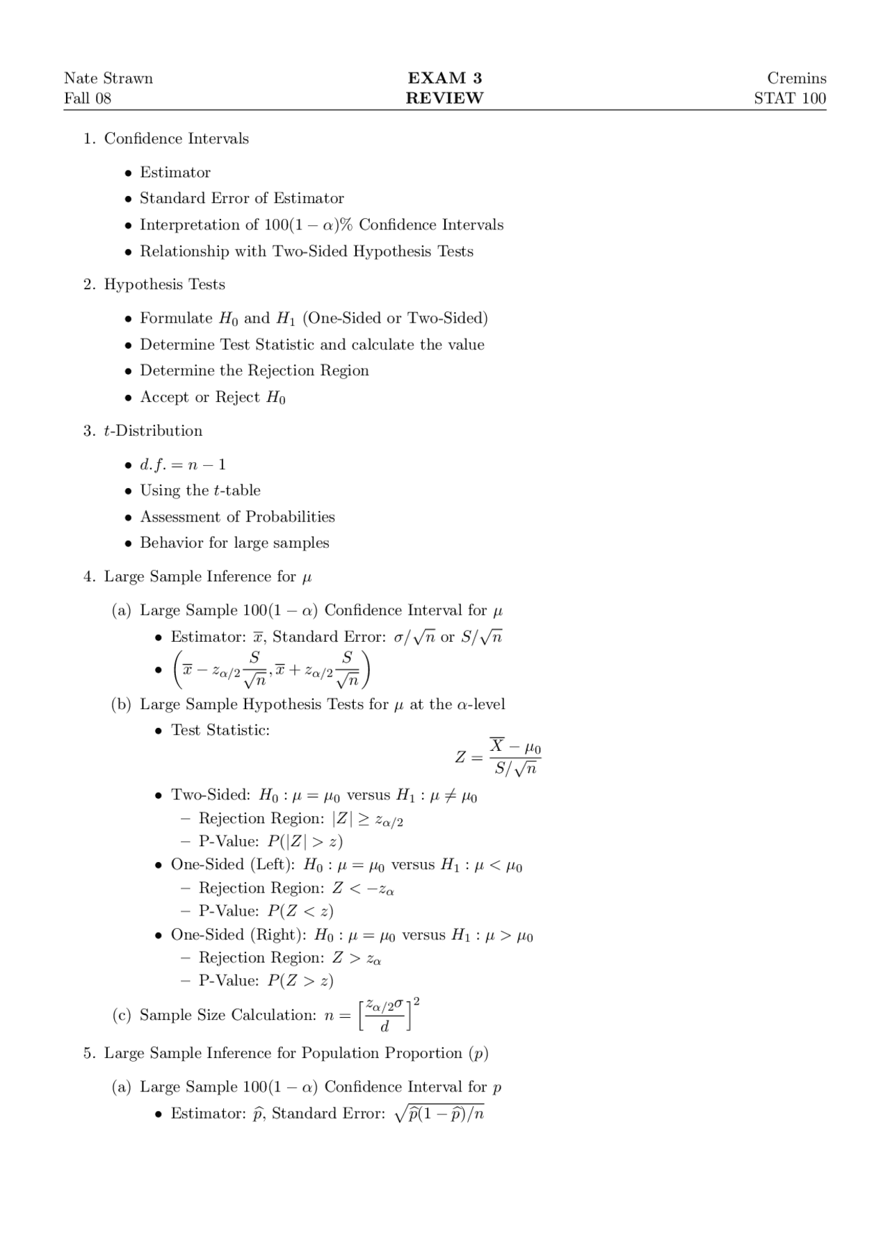 Review Exam 3 for Elementary Statistics and Probability | STAT 100 ...