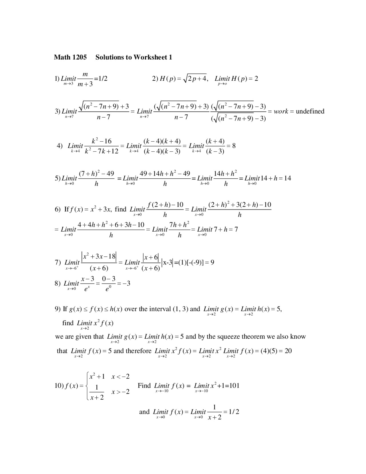 Worksheet 1 With Solutions Calculus MATH 1205 Docsity