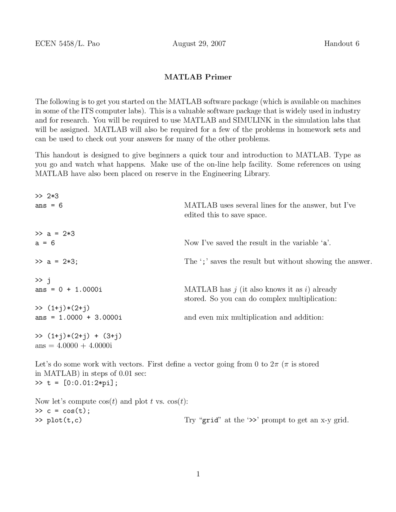Sampled Data and Digital Control Systems - MATLAB Primer | ECEN 5458 ...