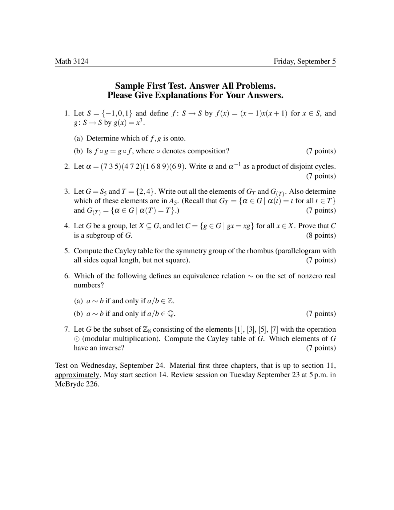 Compute Cayley Table and Modern Algebra Test Problems | MATH 3124 - Docsity