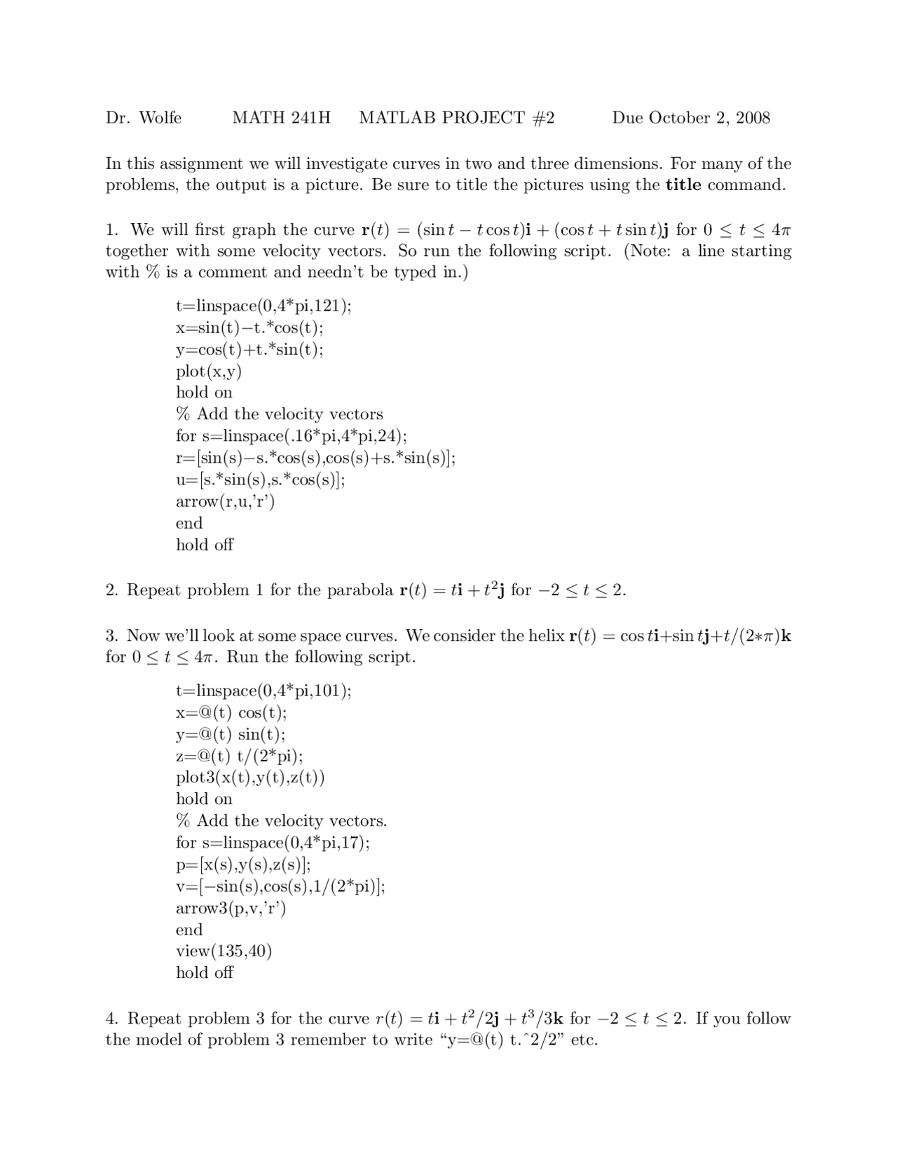 8 Problems in Calculus III - MATLAB Project 2 | MATH 241H - Docsity