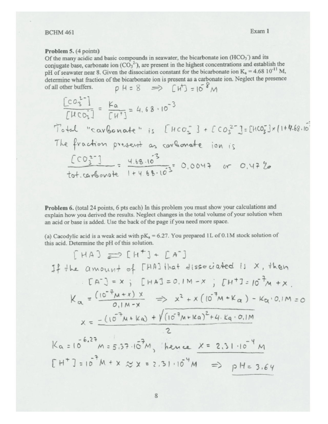 Biochemistry Problems Solved Biochemistry I Exam Solved Problems | BCHM 461 - Docsity