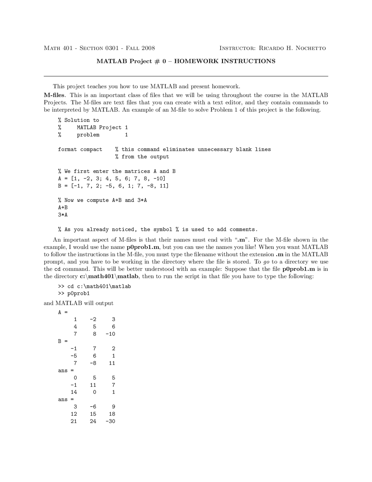 MATLAB Project for Homework Instructions | Linear Algebra | MATH 401 ...