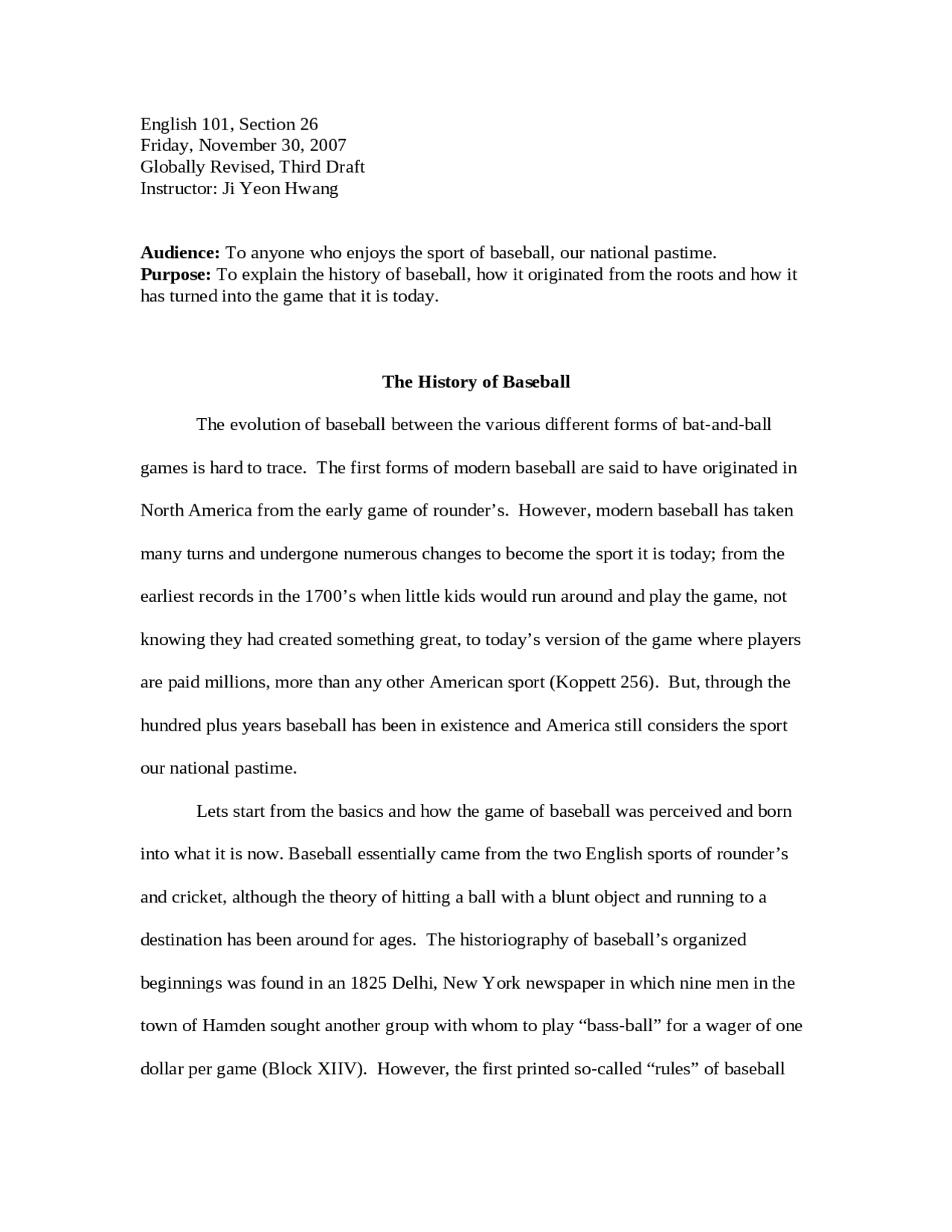 The History of Baseball - Research Paper | ENG 101.00 - Docsity