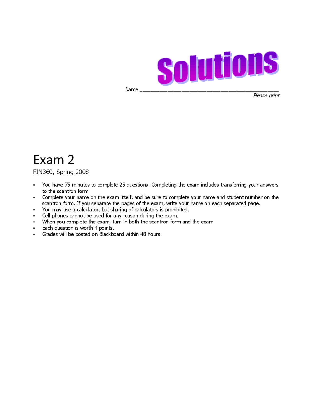 Analytical Methods in Finance - Test II Solutions | FIN 360 - Docsity