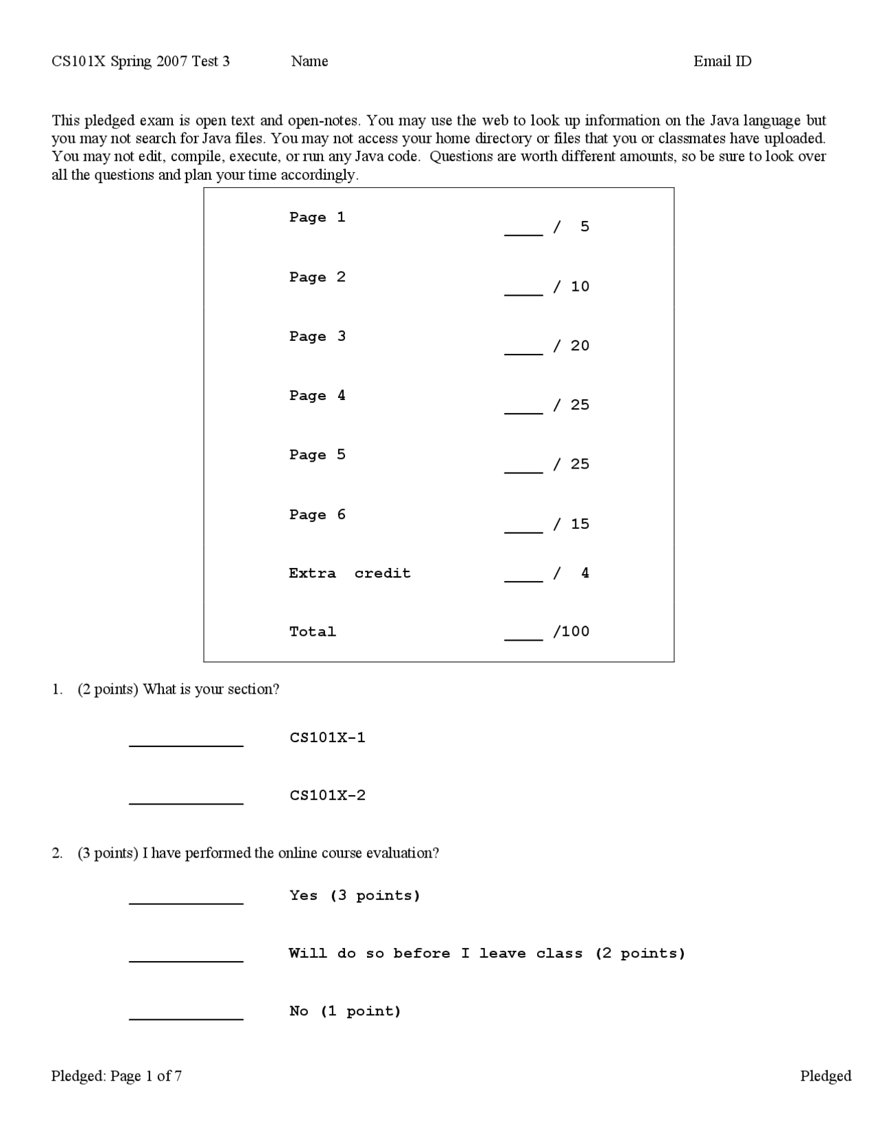 CS101X Spring 2007 Test 3: Java Programming Exam - Prof. James Cohoon ...