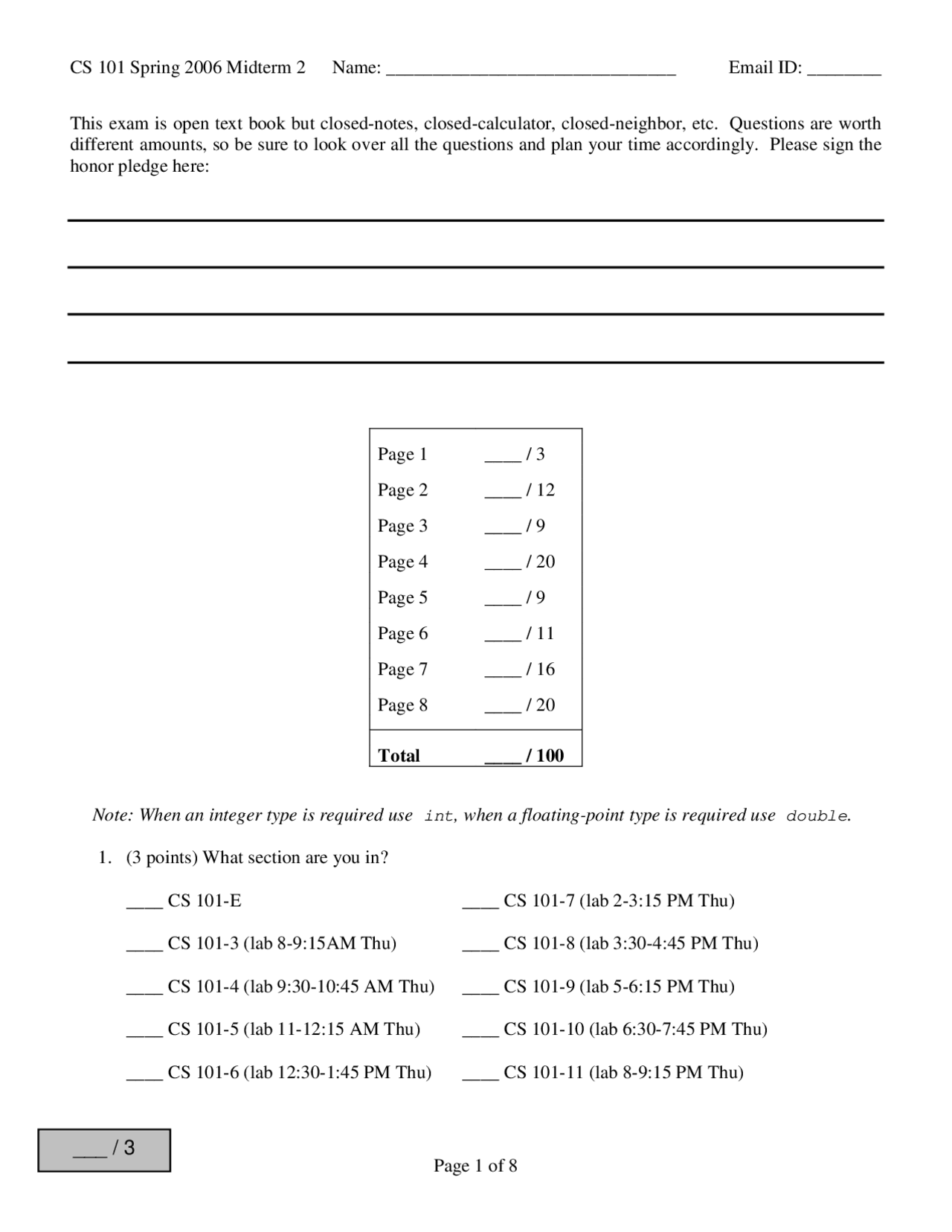 Practice Midterm Exam 2 - Introduction to Programming | CS 1110 - Docsity