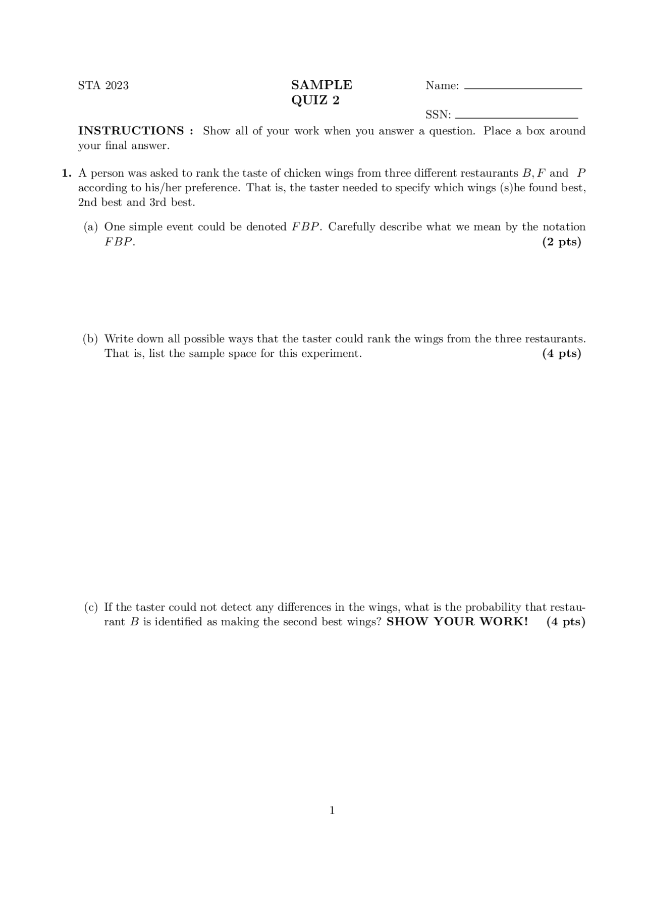Introduction to Statistics I - Sample Quiz 2 | STA 2023 - Docsity