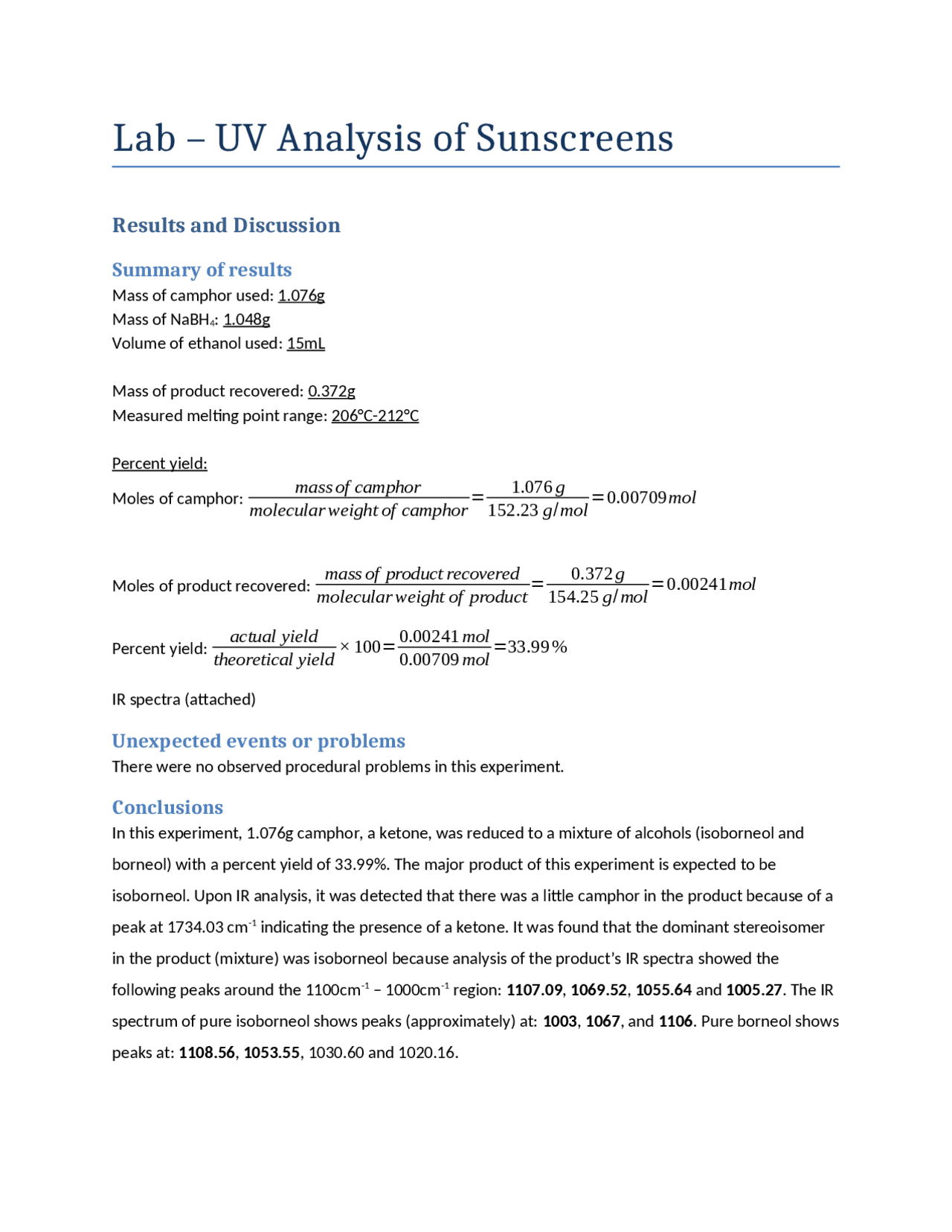 UV Analysis of Sunscreens Organic Chemistry Lab CHEM 238 Docsity