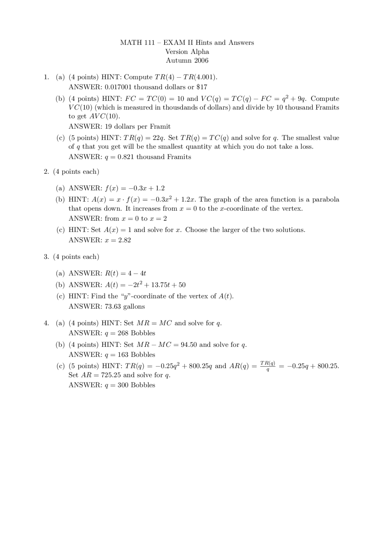 MATH 111 Exam II Hints and Answers for Autumn 2006 | Exams Mathematics ...