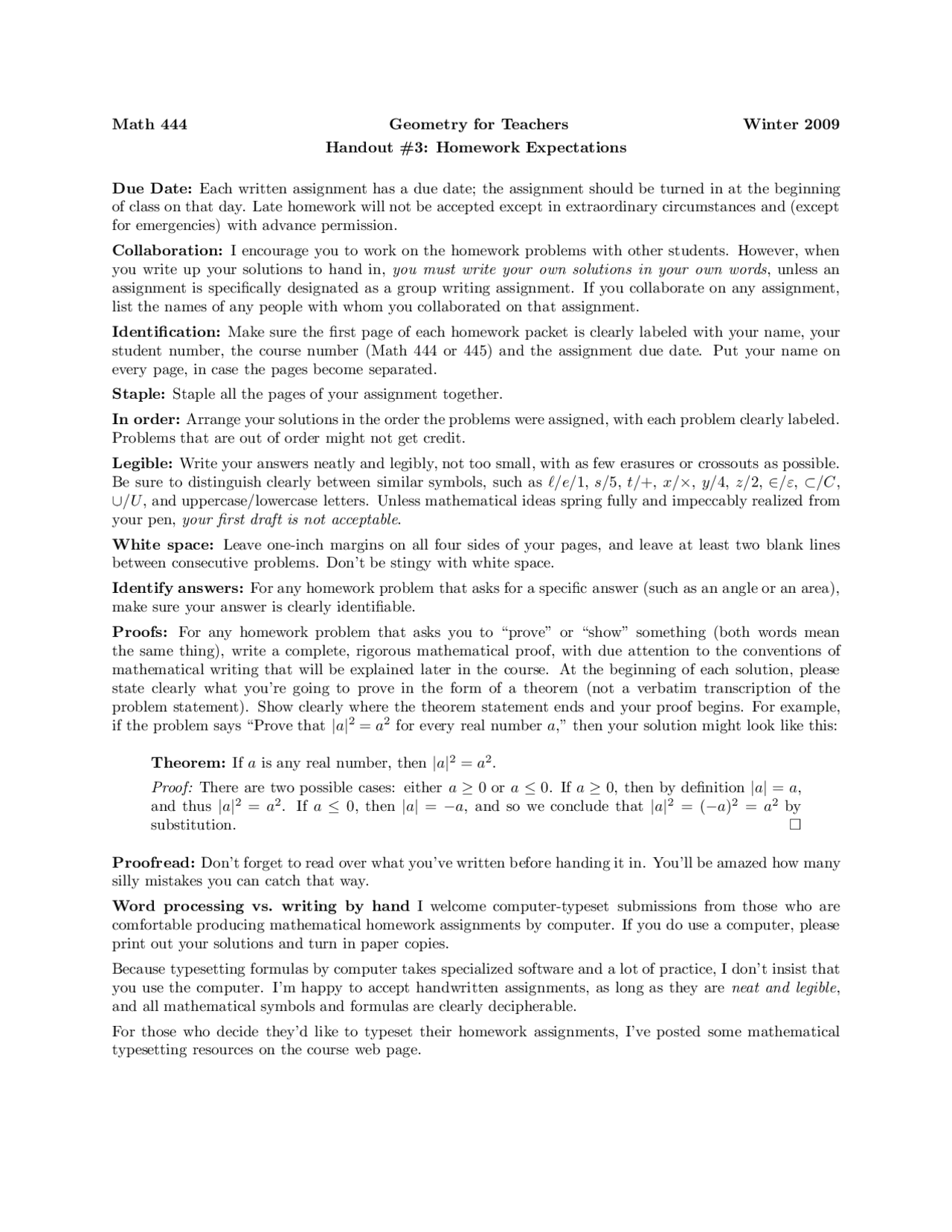 Homework Expectations - Geometry for Teachers - Handout | MATH 444 ...