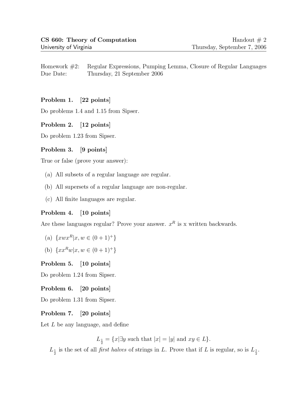 7 Problems on Theory of Computation - Handout 2 | CS 6160 - Docsity