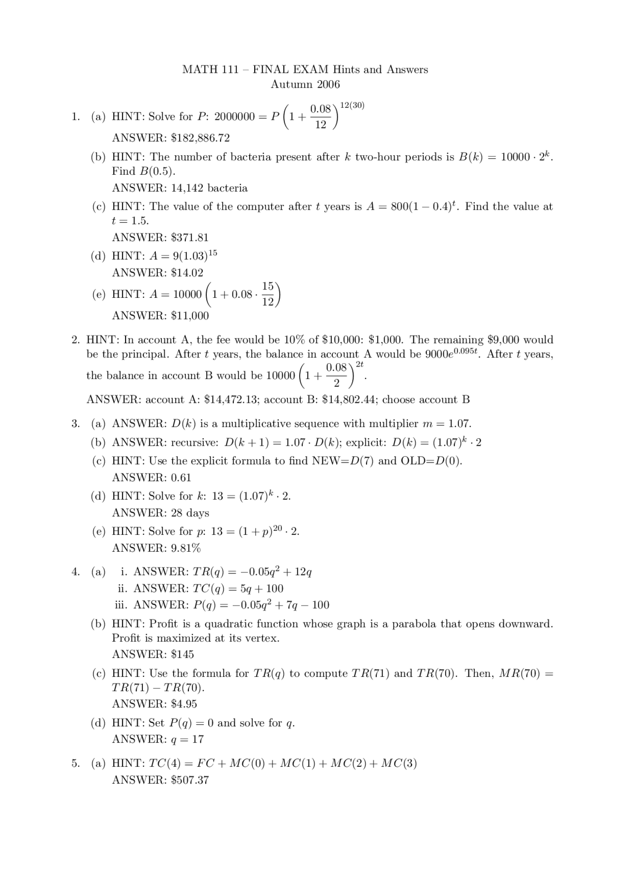 MATH 111 Final Exam Solutions Autumn 2006 | Exams Mathematics | Docsity