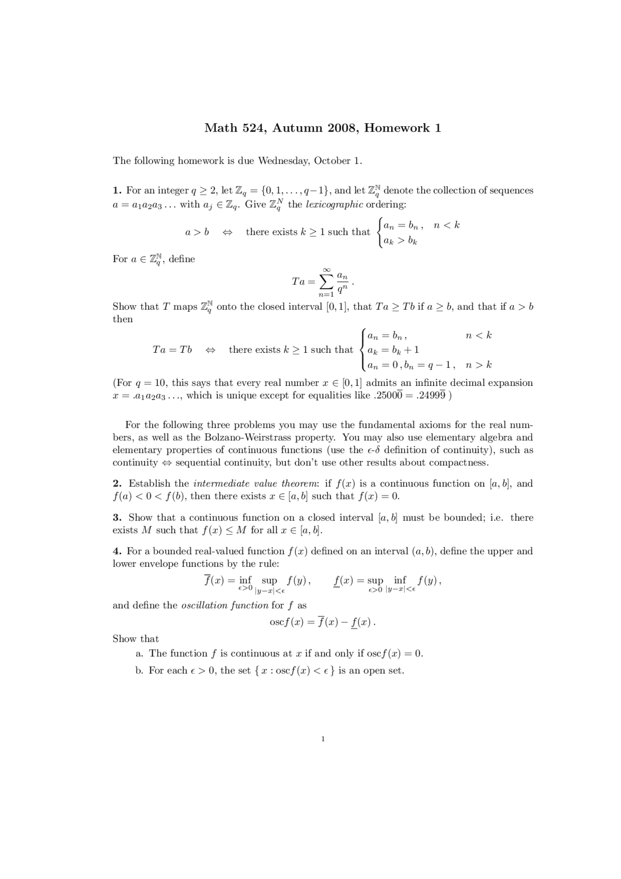4 Problems For Homework 1 On Real Analysis Math 524 Docsity