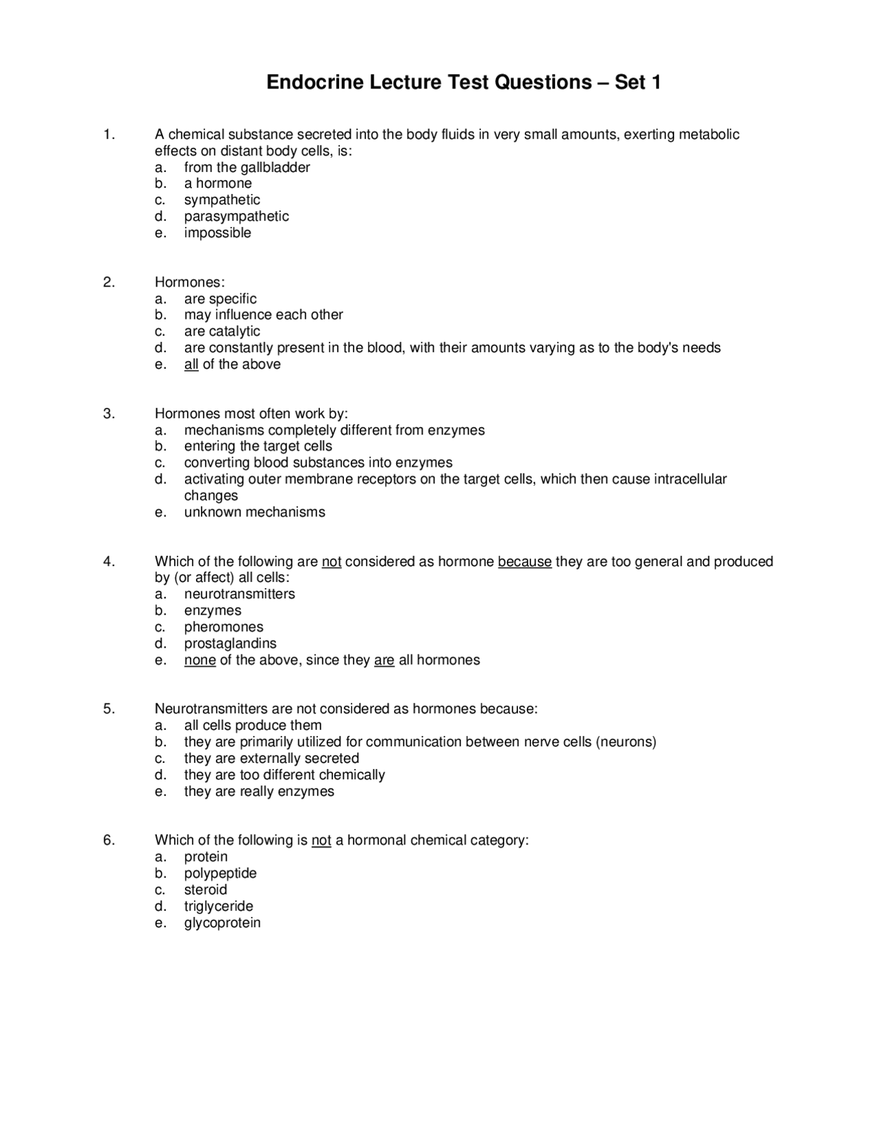 Endocrine Lecture Test Questions Set 1 | BI 205 - Docsity