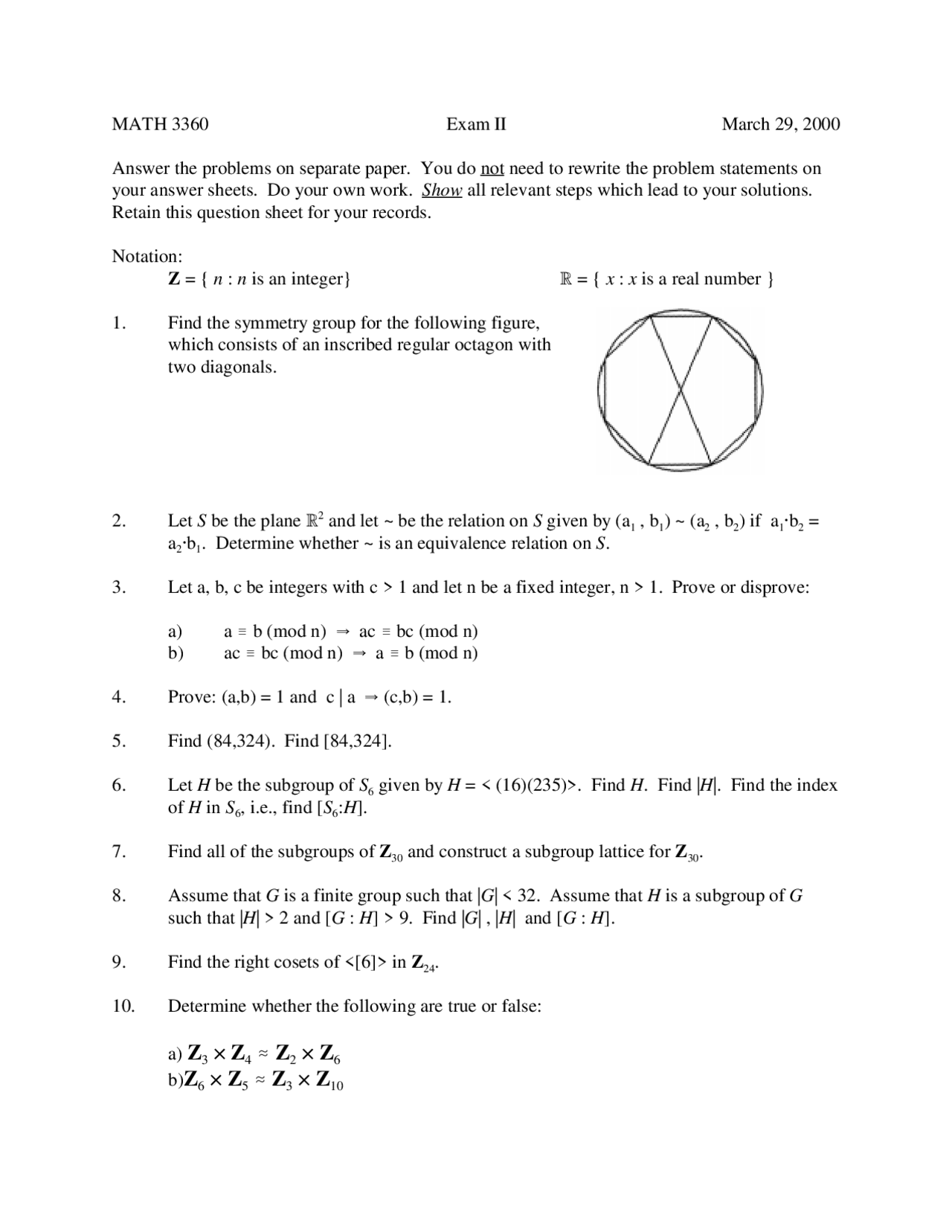 MATH 3360 Exam II - March 29, 2000 | Exams Algebra | Docsity
