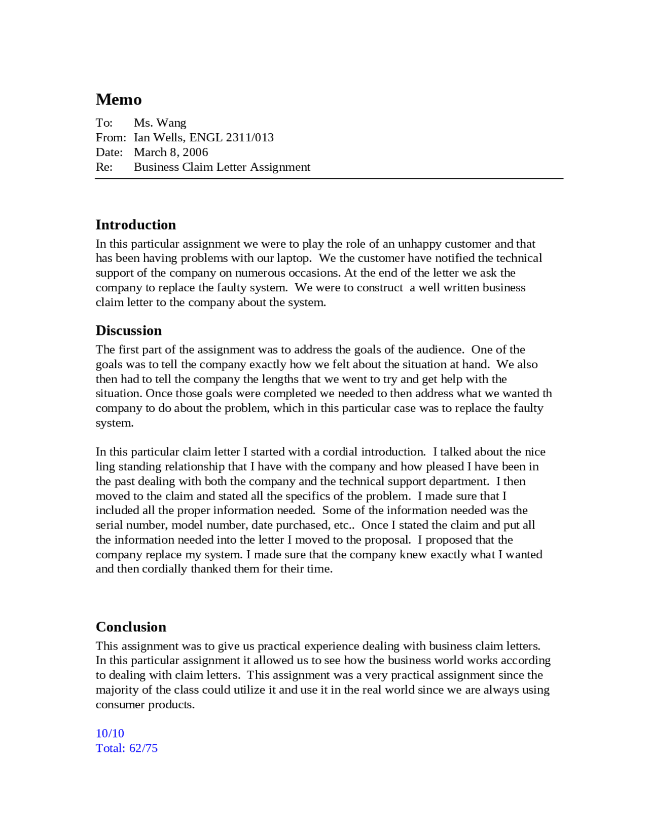 Assignment Letter Claim Example Business Claim Letter Assignment - Introduction to Technical Writing ...