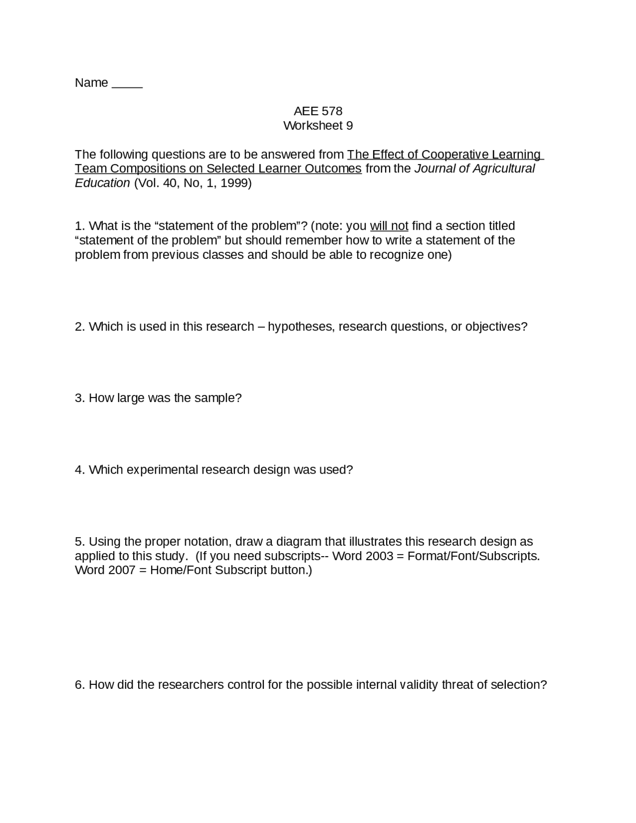 Scientific Inquiry in Agricultural and Extension Education - Worksheet 9 |  AEE 578 | Assignments History of Education | Docsity