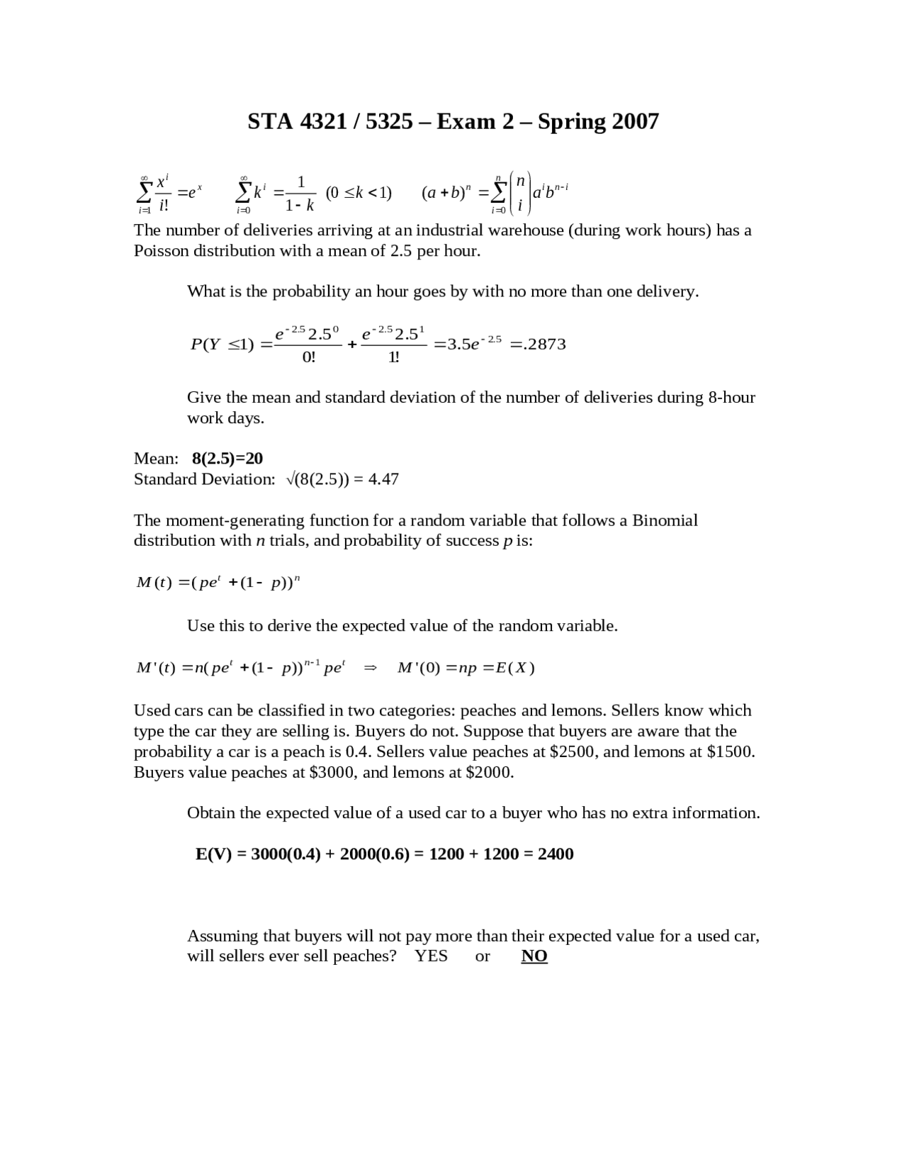 Notes on Introduction to Probability - Spring 2007 | STA 4321 - Docsity