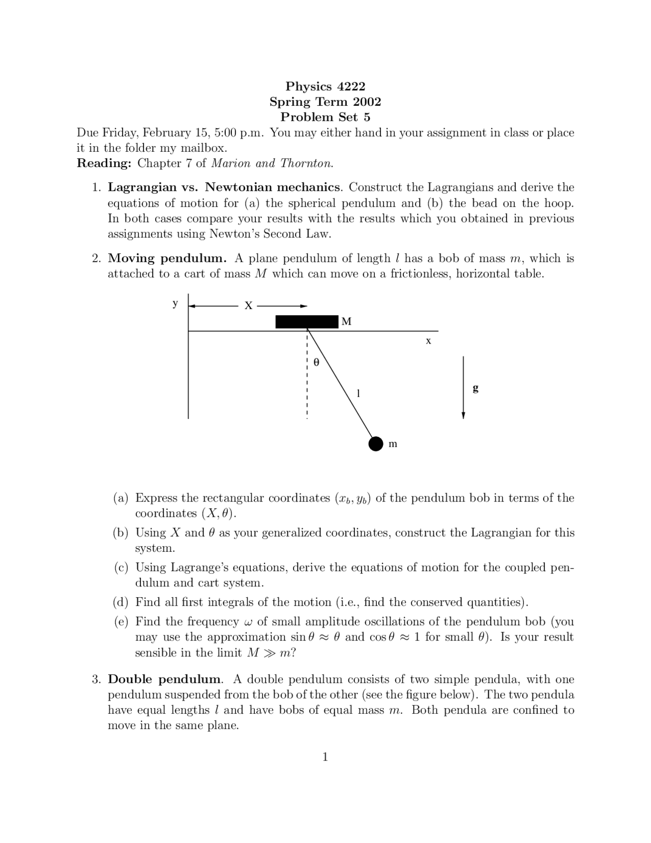 Problem Set Five for Mechanics II | PHY 4222 - Docsity