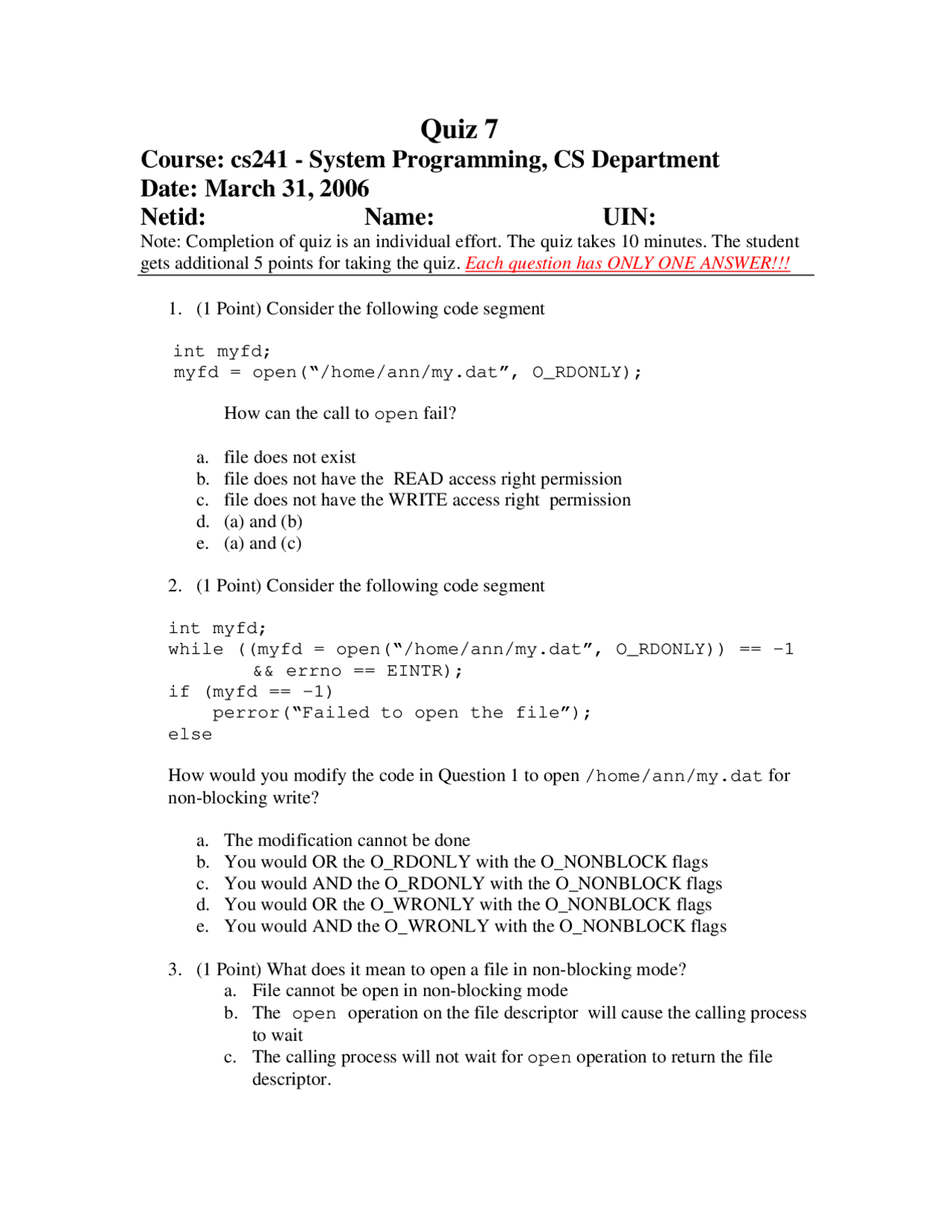 10 Questions on System Programming - Quiz | CS 241 - Docsity