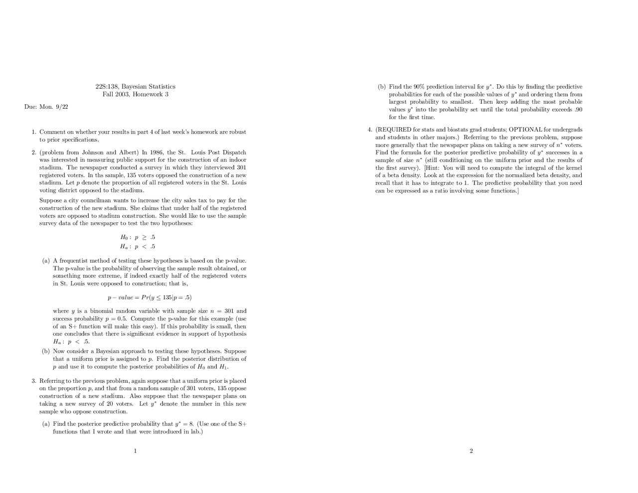 4 Practice Problems on Bayesian Statistics - Homework 3 | 22S 138 - Docsity