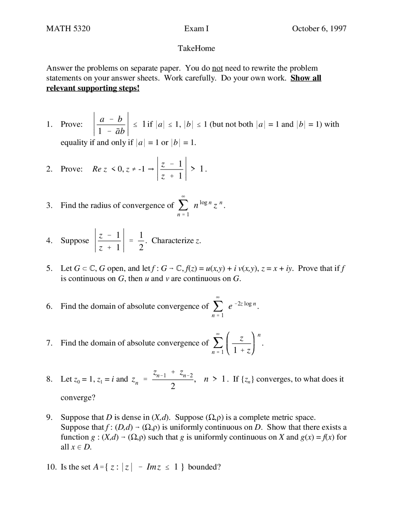 10 Problems in Exam 1 - Functions of a Complex Variable I | MATH 5320 ...