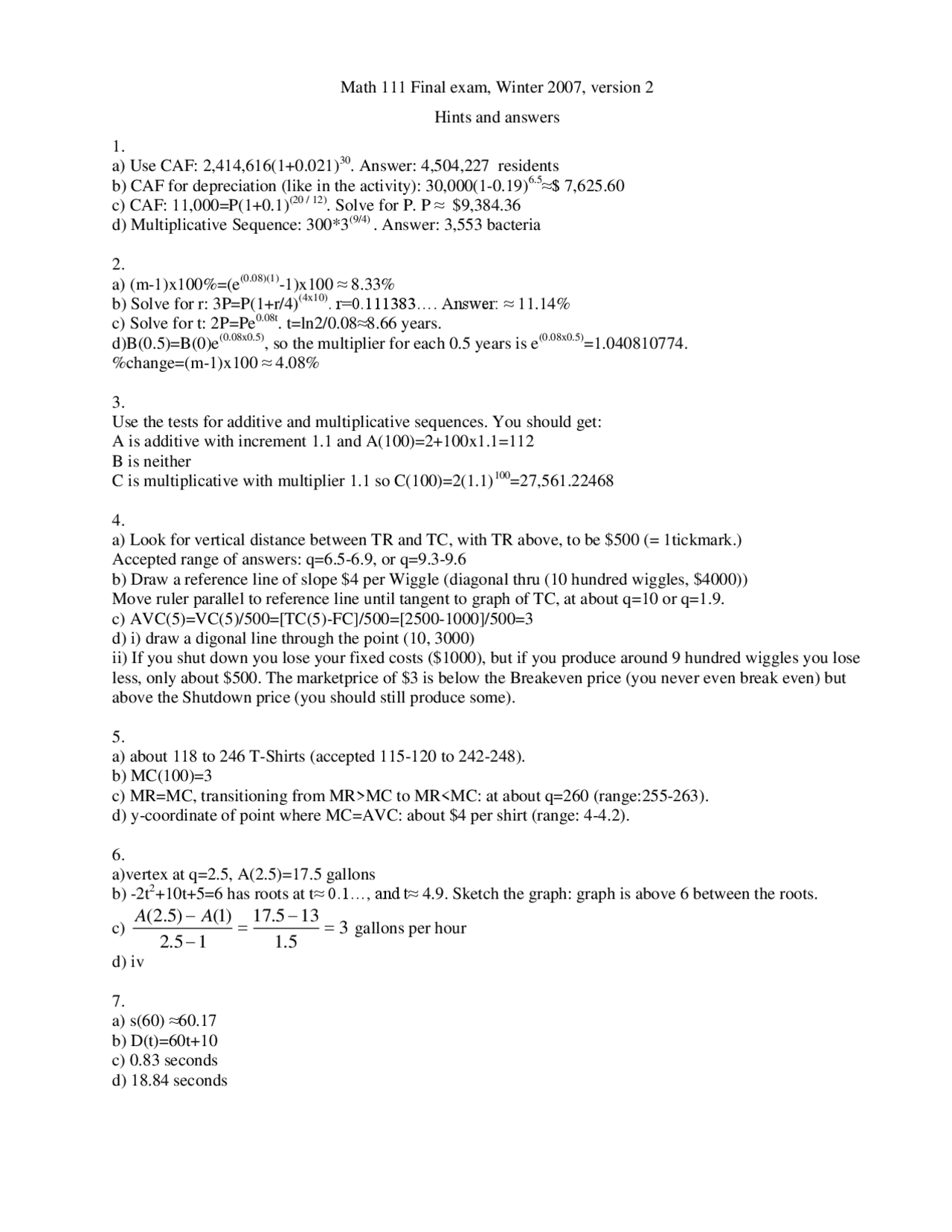 Final Exam Algebra With Applications Answers Math 111 Docsity