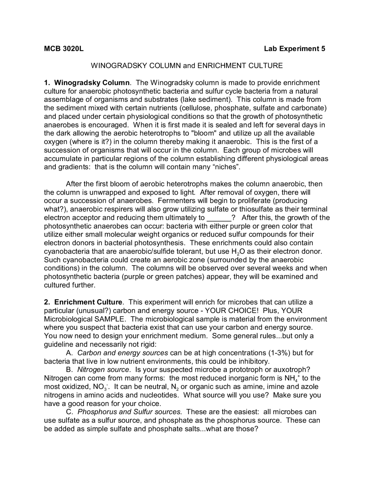 Winogradsky Column and Enrichment Culture Experiment 5 MCB 3020