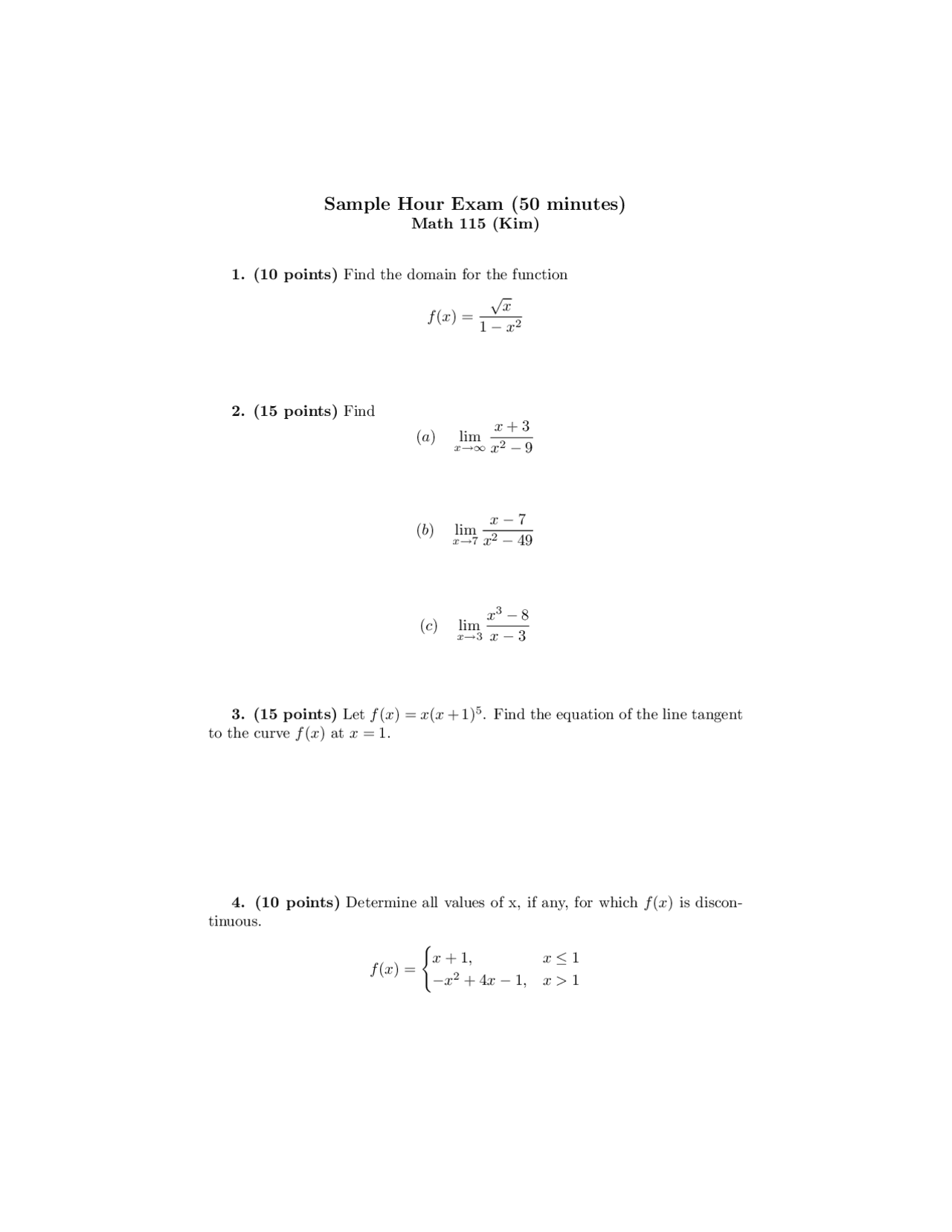 Calculus I Math Questions Practice Questions for Exam - Calculus I | MATH 115 - Docsity