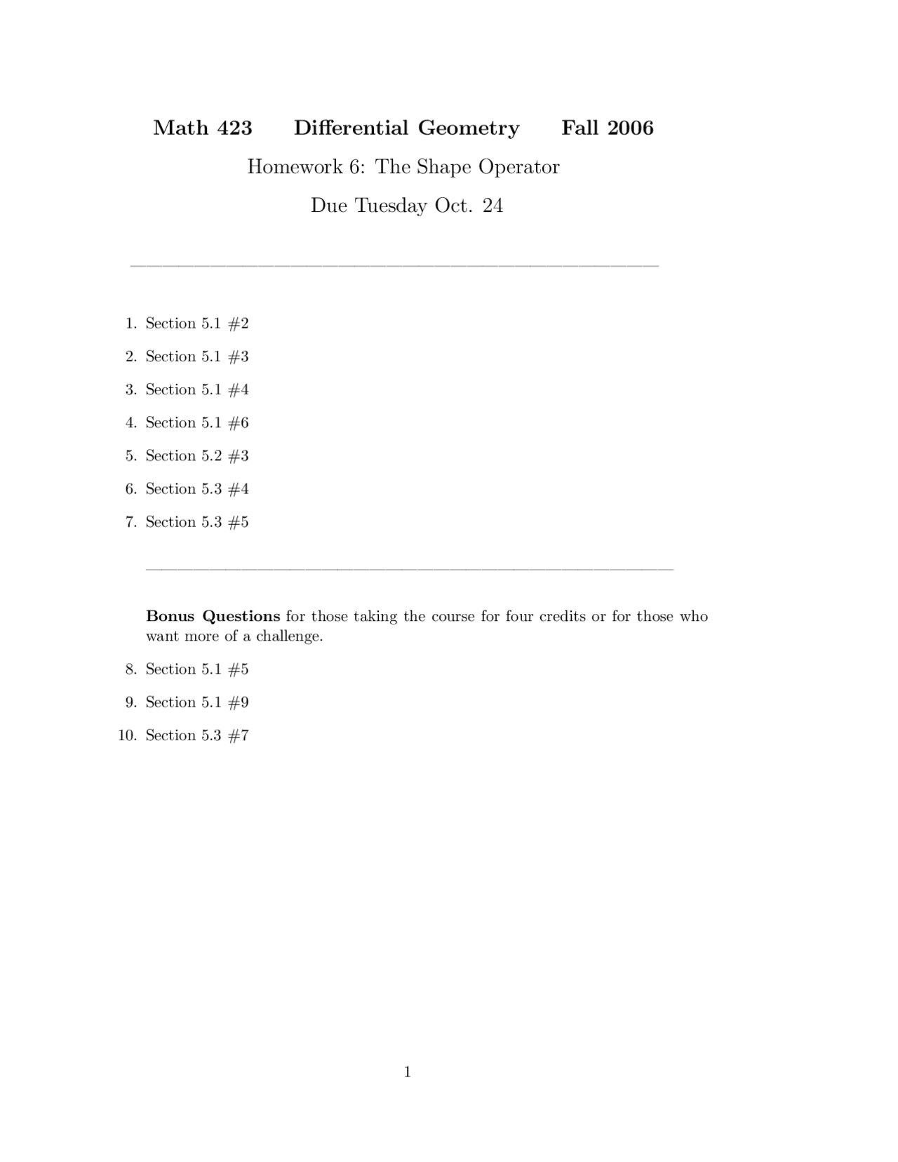 10 Problems on the Differential Geometry - Homework 6 | MATH 423 - Docsity