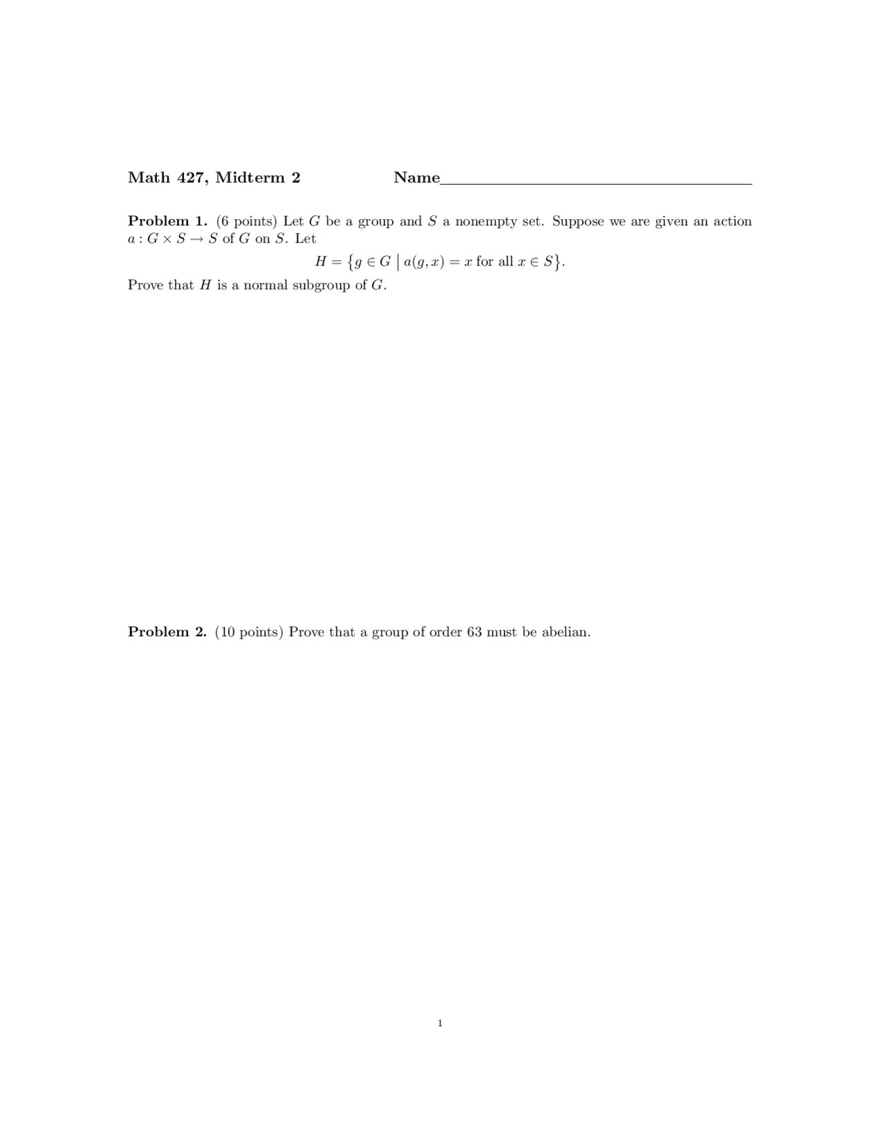 Midterm problems on the Honors Abstract Algebra | MATH 427 - Docsity