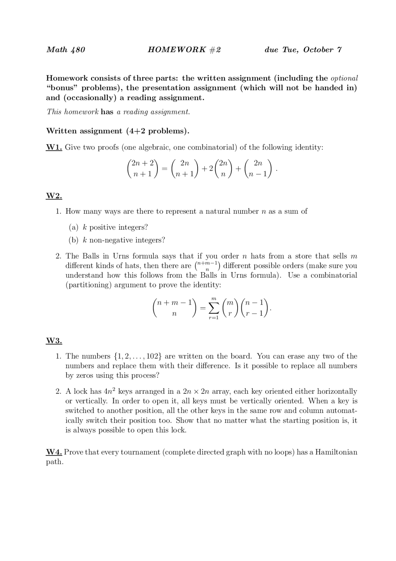 Homework 2 for Topics for Undergraduate | MATH 480 - Docsity