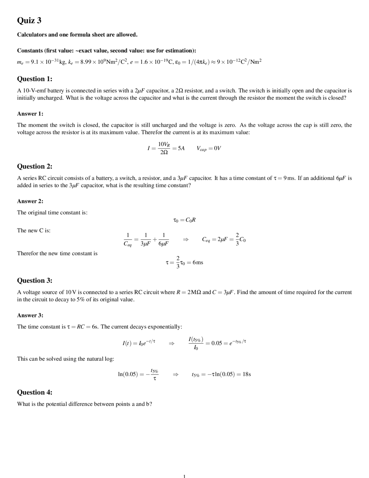 Quiz 3 with Answer Key - Physics 2 | PHY 2054 - Docsity