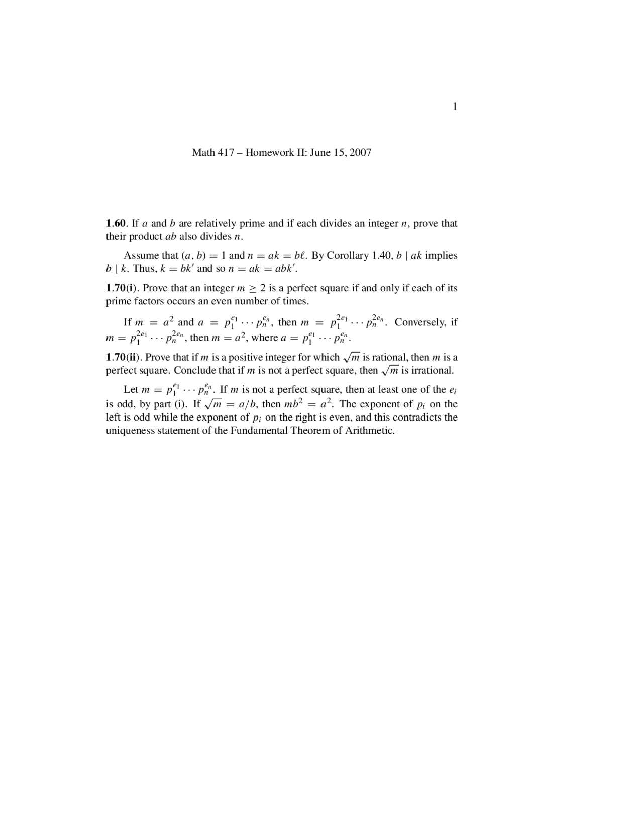 Math 417 Homework II: Proofs about Relatively Prime Numbers and Perfect ...
