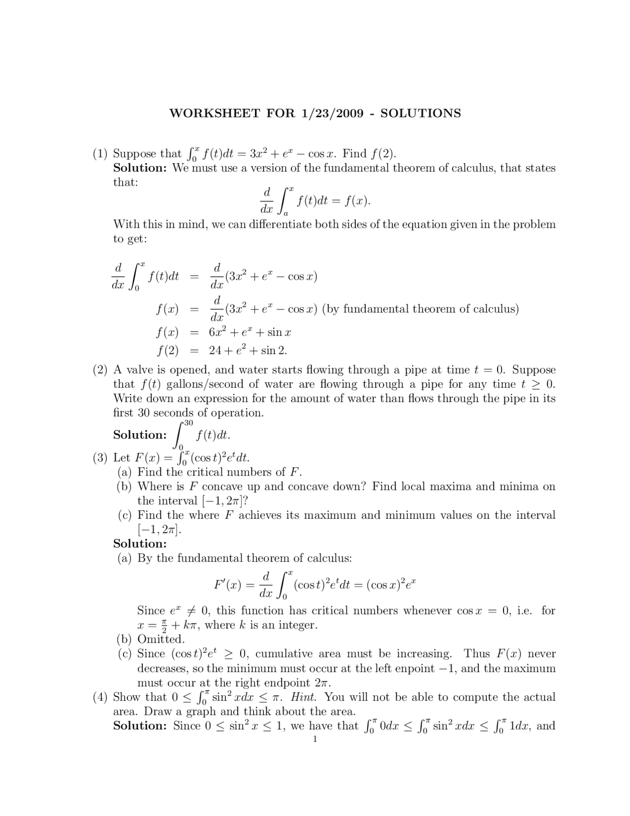 Calculus II Worksheet Solutions | MATH 231 | Assignments Calculus | Docsity