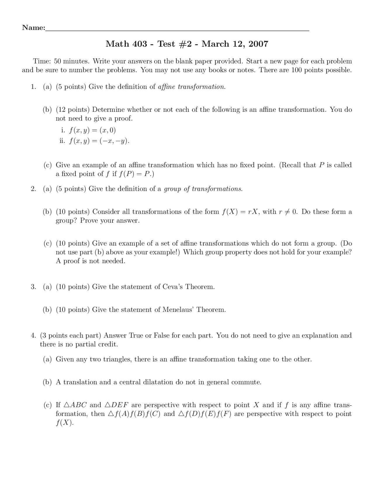 Questions of Euclidean Geometry - Exam 2 | MATH 403 - Docsity