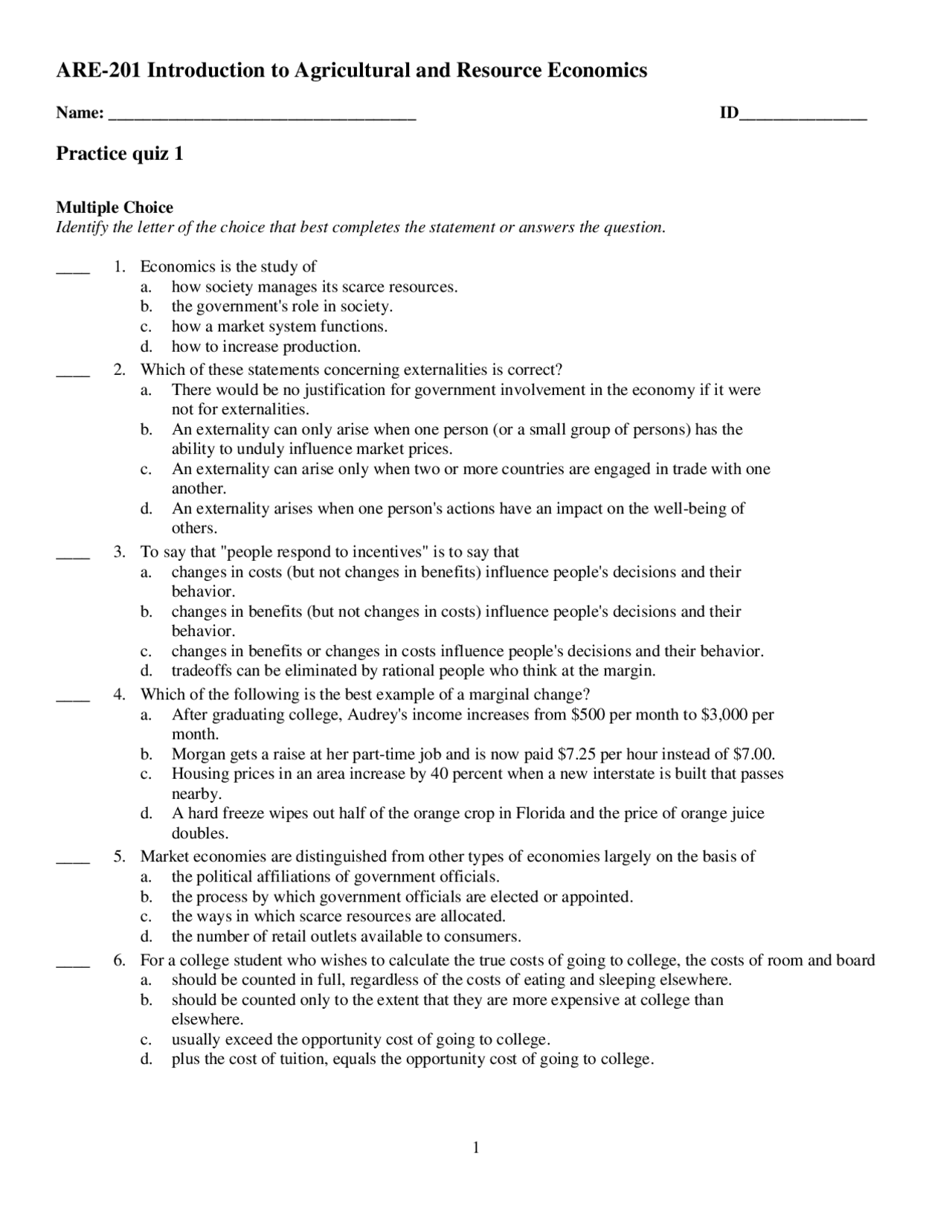 Agricultural And Resource Economics Practice Quiz 1 ARE 201 Docsity