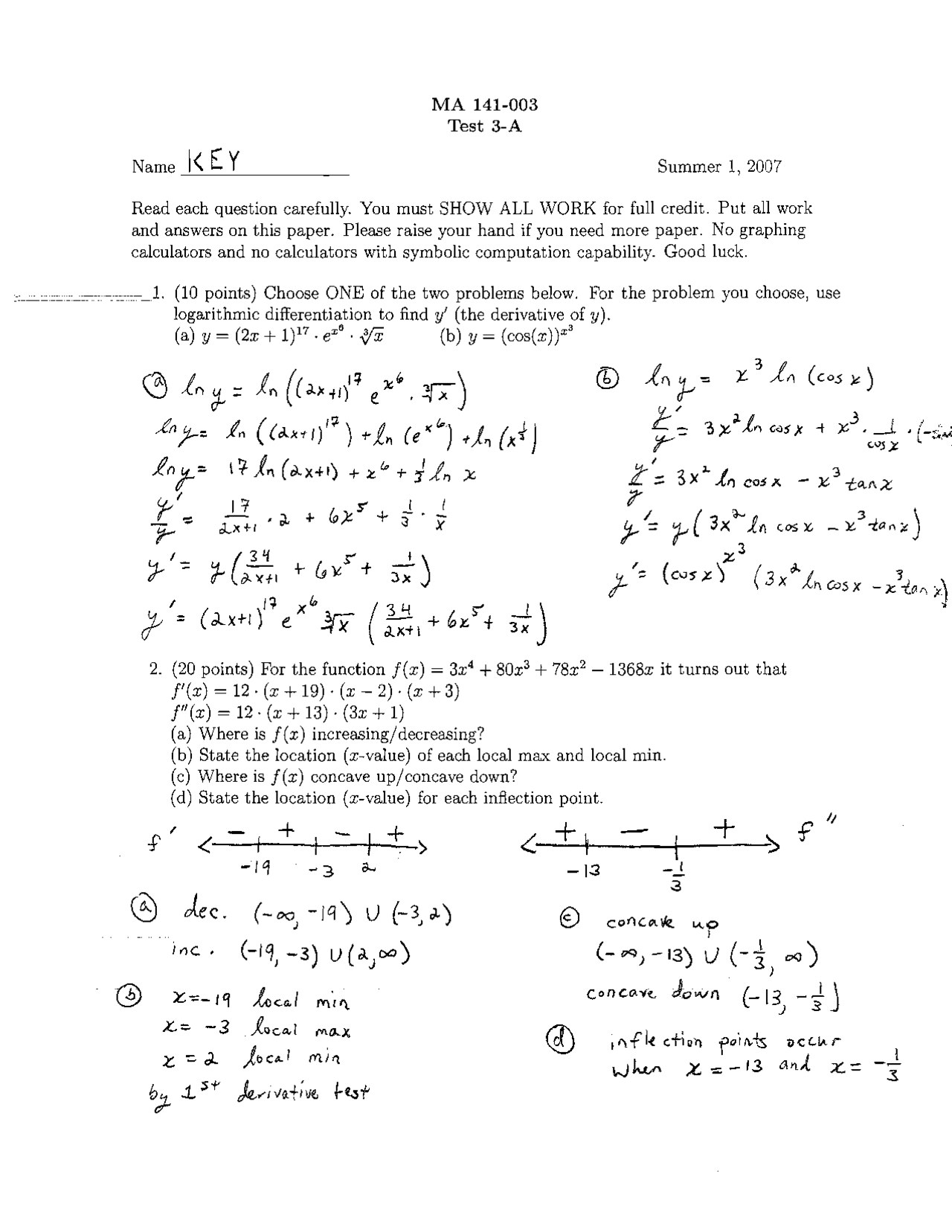 Calculus I - Exam Test 3 - Answer Key | MA 141 - Docsity
