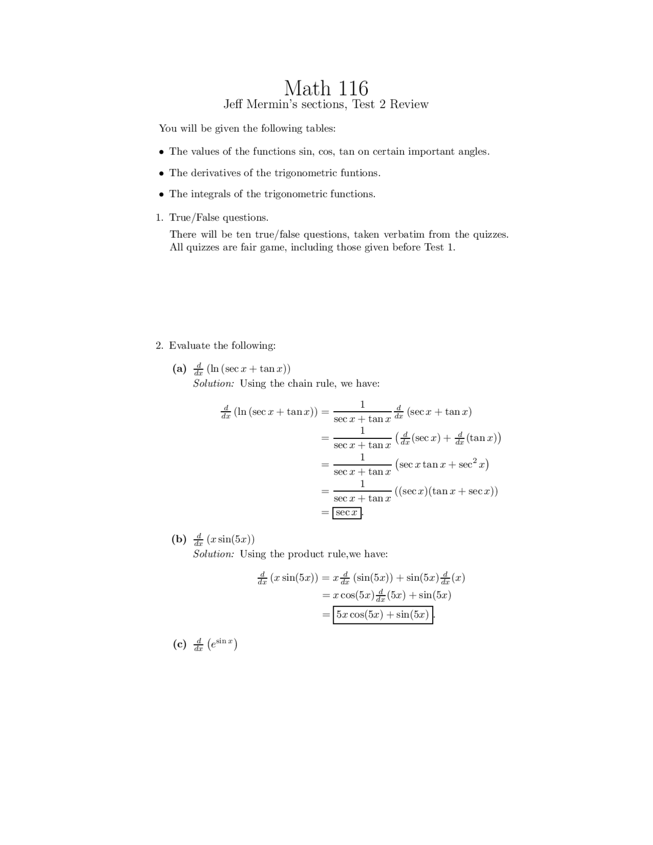 What Is Math 116 Test 2 Review with Solutions for Calculus II | MATH 116 - Docsity