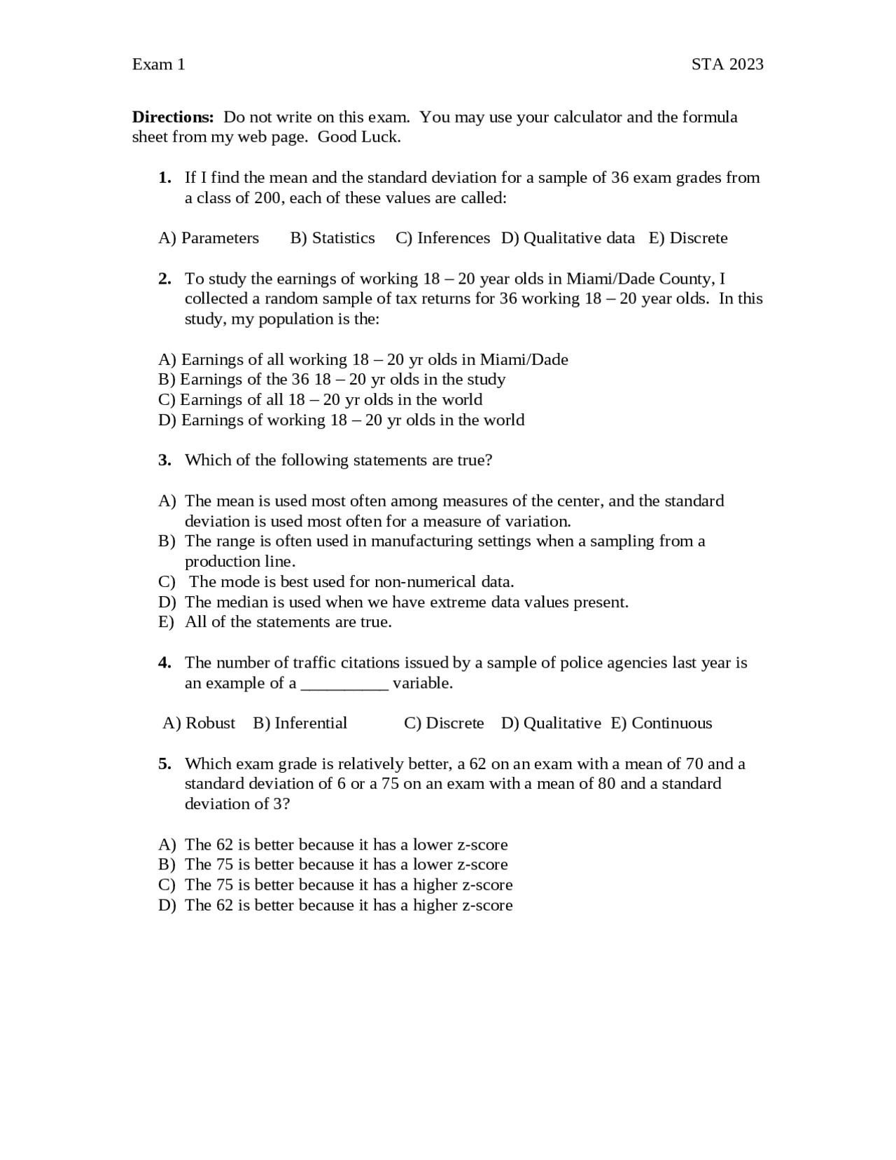 17 MCQs for Exam 1 - Statistics for Business and Economics | STA 2023 ...