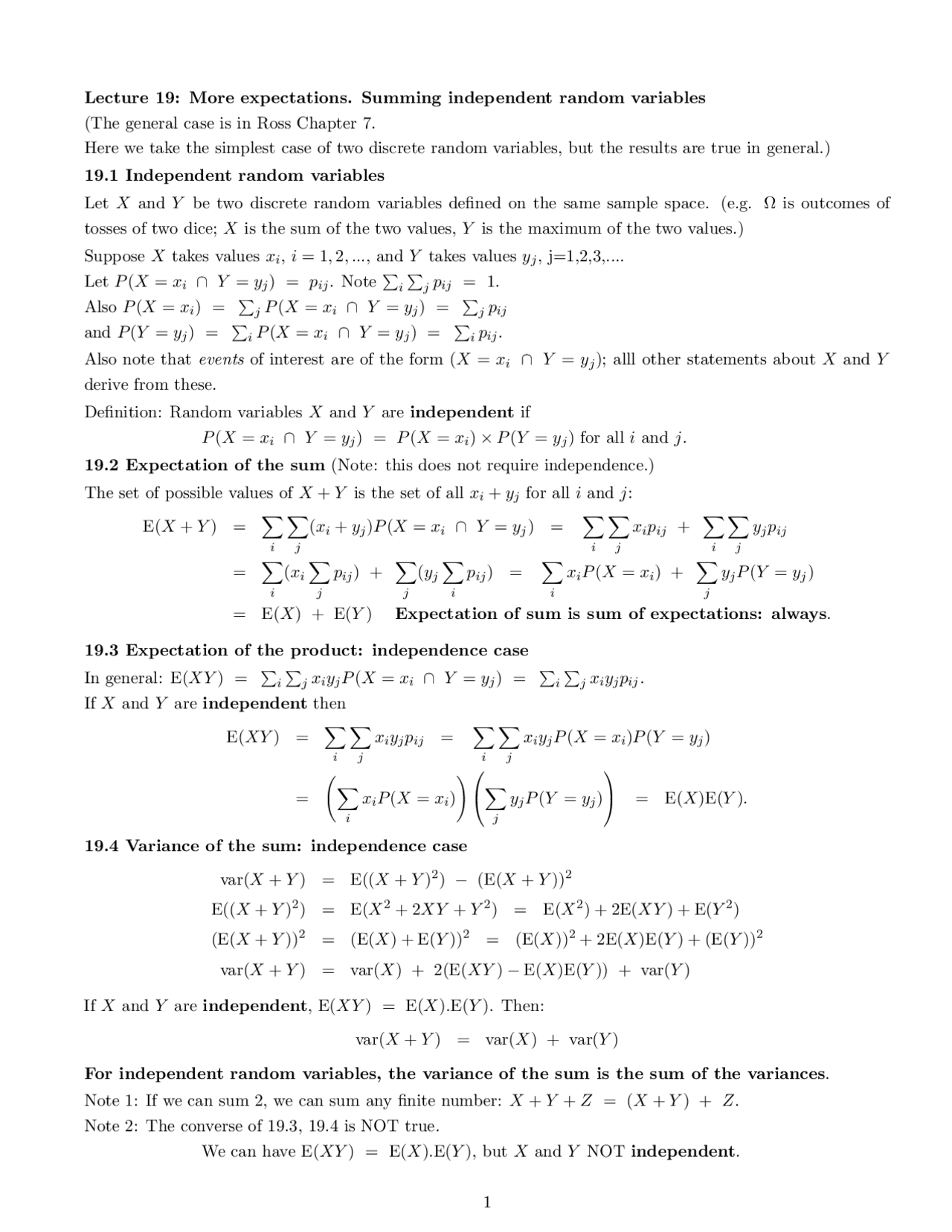 Lecture 19 More Expectations Summing Independent Random Variables Stat 394 Docsity