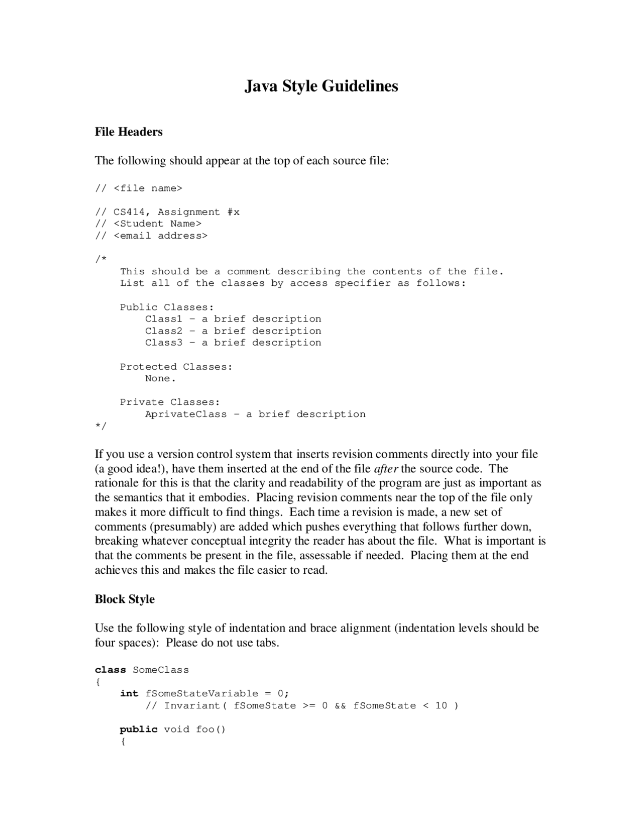 Java Style Guidelines - Lecture Notes | CS 414 - Docsity