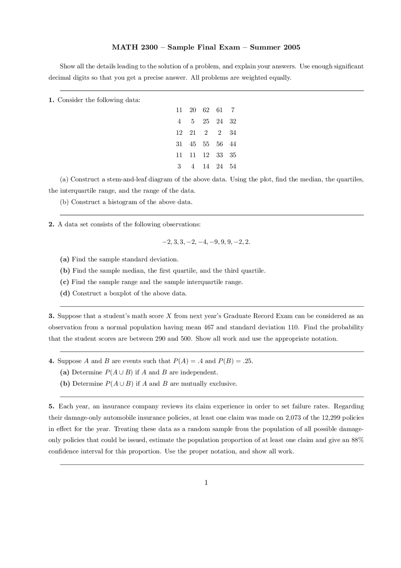 Math sample final exam without solutions | MATH 2300 - Docsity