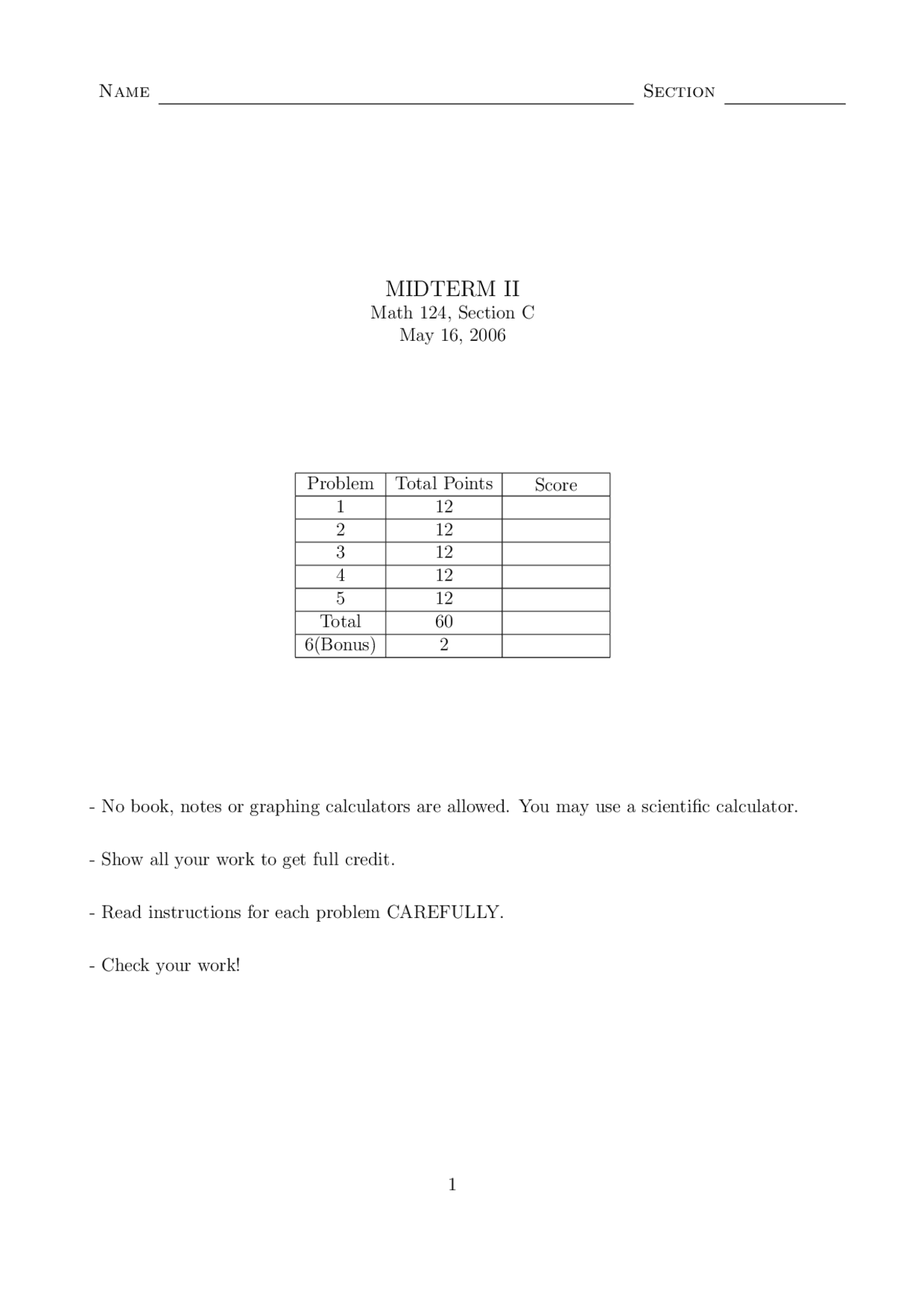 Questions with Solutions - Midterm II Exam | MATH 124 - Docsity