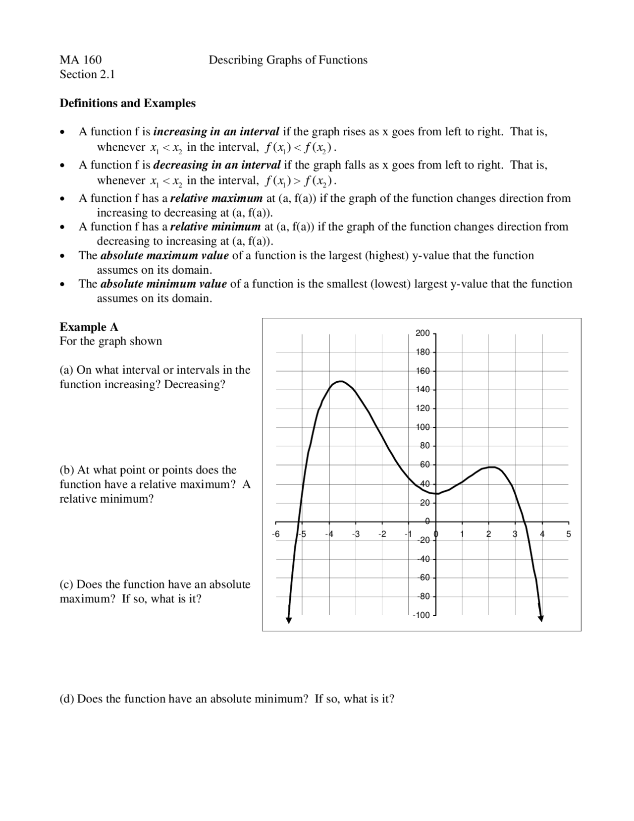 Definitions and Examples for Describing Graphs of Functions | MA 160 ...